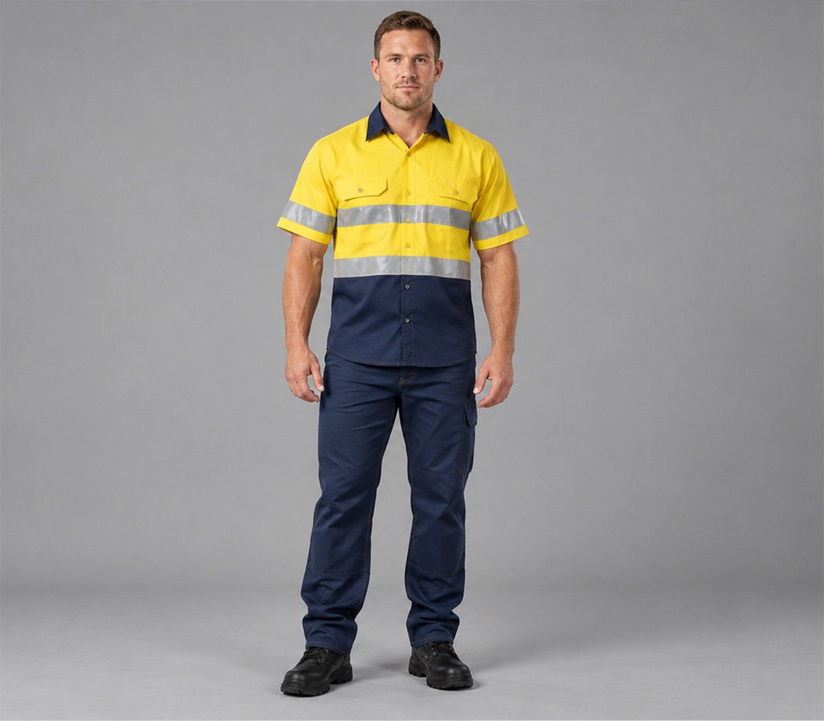 Model wearing the Hi-Viz 100% Cotton Vented Short Sleeve Workshirt